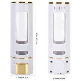 15oz Wall Mount Soap Dispenser - Manual Hand Shampoo and Shower Gel Dispenser for Bathroom and Kitchen - Lotion Container - Convenient and Stylish (White Shell, Golden Press)