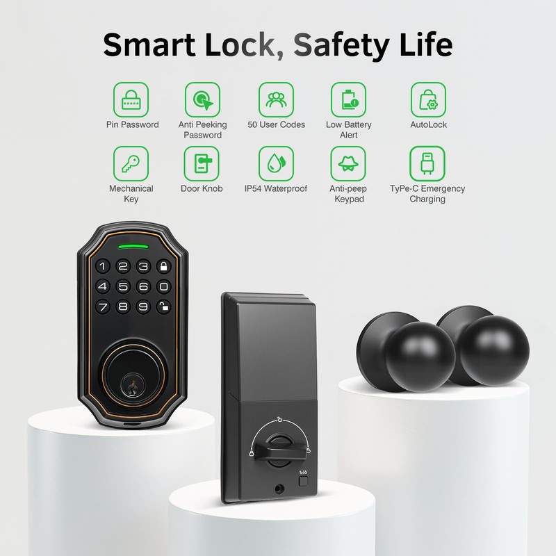 SUBPOT Smart Keyless Entry Door Lock with 2 Knobs,Front Door