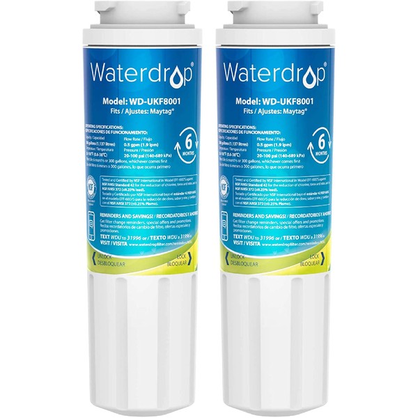Waterdrop UKF8001 Refrigerator Water Filter, Compatible with Whirlpool EDR4RXD1, UKF8001AXX-750, UKF8001AXX-200, 4396395, 469006, Filter 4, PUR, Puriclean II, Pack of 2 (package may vary)