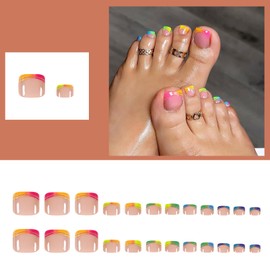Fake Toe Nails, Color-Edge French False Toenails, 24pcs Short Square Summer Fake Toe Nail Long Lasting, High Glossy Acrylic Full Cover Fake Toenails Art Set for Women Girls,Stick On Toenails with Glue
