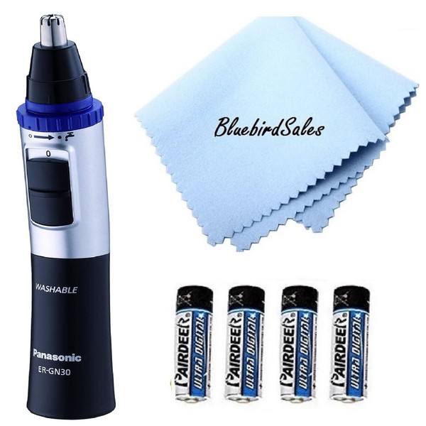 Panasonic Men's Cordless Wet/Dry Electric Razor Bundle: ER-GN30-K Nose & Facial Hair Trimmer + 4AA Batteries + BluebirdSales Deluxe Cleaning Cloth