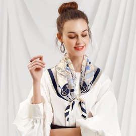 LumiSyne Women's Square Silk Scarf 70 x 70 cm Retro Printed Geometric Chain Monogram Pattern Lightweight Satin Square Scarf Multifunctional Neckerchief Headscarf Bandana Headpiece Headband, blue