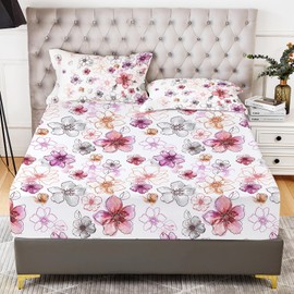 YIYEA Floral Fitted Sheet with Pillowcase, Premium Double Brushed Microfiber Deep Pocket Fitted Sheet Full Size, Ultra Soft Fitted Bottom Sheet, Shrinkage, Fade Resistant (Full)