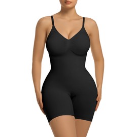 SHAPERX Women's Shapewear Tummy Control Bodysuit with Removable Pads Seamless Sculpting Mid Thigh Body Shaper,SZ5468-Black-2XL-Plus