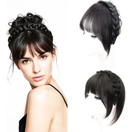Flequillo de Cabello Humano con Diadema Trenzada Torcida para Mujer,Diadema Trenzada de Espina de Pescado de Aspecto Natural,Clip en Flequillo Real Pieza de Cabello Marrón Oscuro