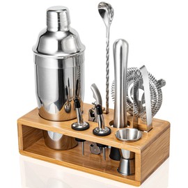 Cocktail Shaker Set, Mixology Bartender Kit 10-Piece Bar Tools Set with Stylish Bamboo Stand, Bar kit: Martini Shaker Muddler Jigger with All Essential Accessory Tools Gifts for Men Dad