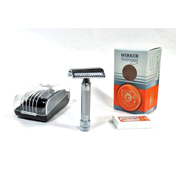 MERKUR (Germany) Shaving Double-edged Holder, Twist Head 337C (Includes 11 Replacement Blades), Plastic Case Included