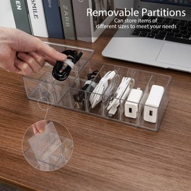 Cable Organizer Box with 10 Wire Ties, Clear Charger Cord Storage Organizer Case, Desktop Drawer Accessories Power Wire Storage with 8 Compartments, Office, Home, Stationery Storage Supplies