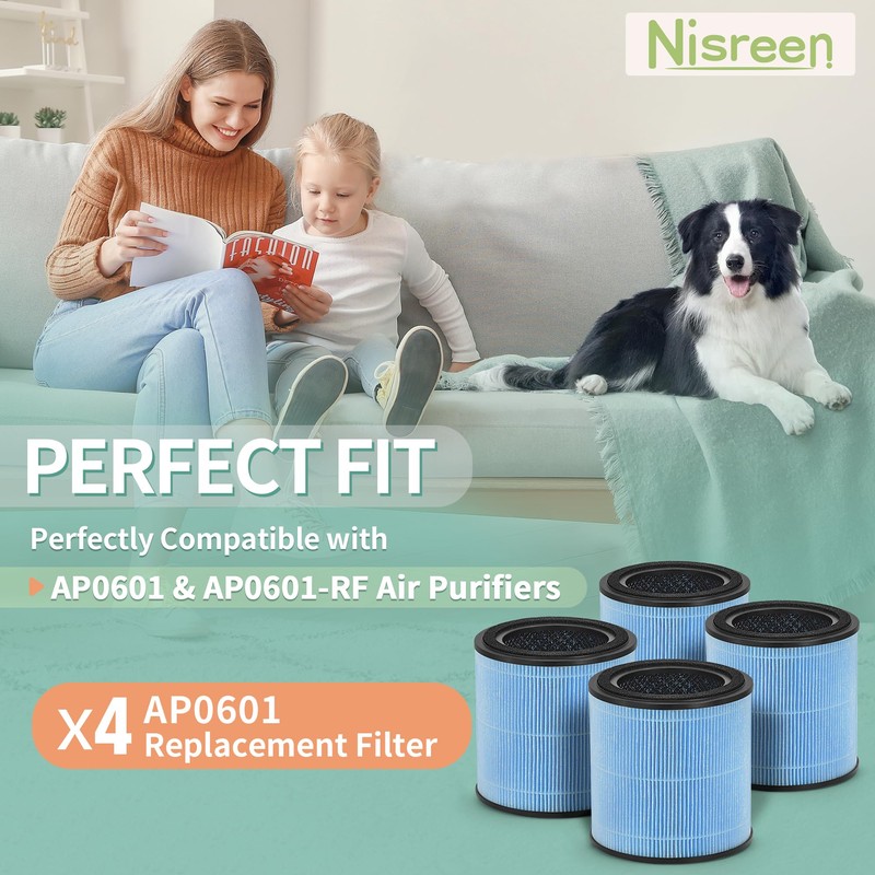 4-Pack AP0601 True HEPA Replacement Filter, Compatible with AP0601/AP0601-RF Air