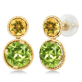 Gem Stone King 14K Yellow Gold Green Peridot and Yellow Citrine Earrings For Women (2.32 Cttw, Gemstone August Birthstone, Round Cut 6MM and 4MM)