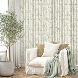 VEELIKE Boho Birch Tree Peel and Stick Wallpaper with Pears Retro Birch Forest Wallpaper for Bedroom Living Room 17.7''x354'' Self Adhesive Contact Paper Removable Tree Wall Mural for Bathroom Renters