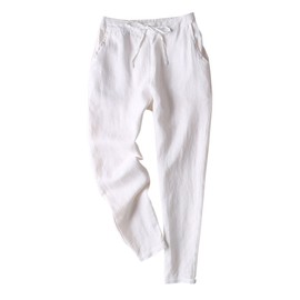 IXIMO Women's Tapered Pants 100% Linen Drawstring Back Elastic Waist Pants Trousers with Pockets White M