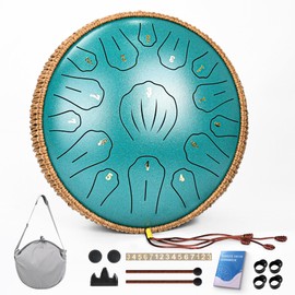 Steel Tongue Drum - 13 Inch 15 Note Tongue Drum, Handpan Musical Instrument for Adults Kids, Steel Drum with Music Book, Steel Drums Instruments with Mallet and Carry Bag, C Major (Malachite Green)