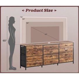 Huuger 63 Inch Long Dresser for Bedroom, TV Stand for 65, 70 Inch TV, 12 Drawer Dresser for Closet, Chest of Drawers for Kids, Large Fabric Drawers for Living Room, Media Console, Rustic Brown