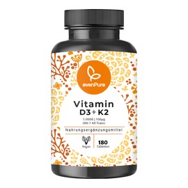 Vitamin D3 & K2 Depot - 5000 IU D3 + 100μg K2 (MK-7 99.7% All-Trans) per Tablet - 180 Tablets - High Dose, Vegan - Made in Germany and Laboratory Tested