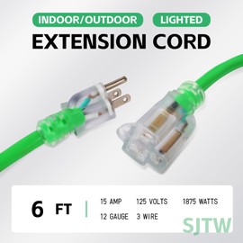 EP 6 Ft Outdoor Extension Cord, 12/3 SJTW Heavy Duty Waterproof Power Cable, 3 Prong Grounded Plug, Lighted End, for Lawn, Garden, Appliances, Green