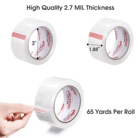 Pacific Mailer Packing Tape, 1.88 inch Wide x 65 Yards Per Roll, Clear, 2.7MIL Thickness Heavy Duty Packaging Tape Carton Tape for Shipping, Moving, Sealing [Pack of 3 Rolls]