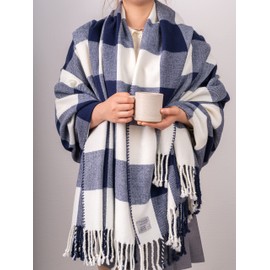 Mellowdy Classic Checkered Blanket - Faux Cashmere Plaid Throw with Fringe - Soft Woven, Lightweight, Farmhouse, Vintage Inspired Décor for Couch, Chair, Office (Navy Blue, 50x60)