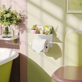 Tindbea Toilet Paper Holder with Phone Shelf, Adhesive or Screw Wall Mount Toilet Tissue Roll Holder, Rustproof & Multifunctional Stainless Steel Bathroom Storage Dispenser (White)