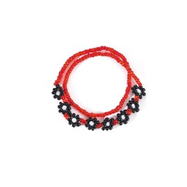 AREUM Beaded Bracelet, Red, Floral Pattern, Stretchy, Tete Worn Motif, Layered Style, Popular Fashion, One Size Fits Most