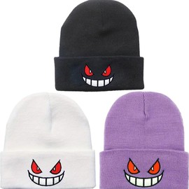 y2k beanie Anime Devil Embroidered Beanies Solid Color Trendy Knit Hats Party Hats Lightweight Elastic Skull Cap Warm Ski Hats For【Christmas Gift】 - Color: Lilac + Black+White (3 PCS)