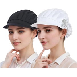 FKDG 2 Pack Chef Hats Half Mesh Half Cloth Kitchen Hair Nets Bakers Hat Adjustable Cooking Cap with Brim (Black+White)