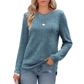 Odosalii Women's Jumpers, Jumpers for Women UK, Fall 2025 Lightweight Crew Neck Knit Tops Solid Color Side Split Basic Sweater Long Tops to Wear with Leggings Blue