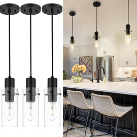 Emak Modern Black Pendant Lights Kitchen Island, 3 Light Farmhouse Pendant Light with Clear Glass Shade, 3 Pack Hanging Light Fixture for Kitchen, Bedroom, Bathroom, PL120-BKBK-3PK