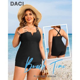 Black Women's Plus Size Tankini Swimsuit - Two Piece Bathing Suit with Shorts Tummy Control Swimwear with V-Wire 2025 18W