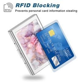 Rimilak Metal Credit Card Holder, Mini Credit Card Wallet RFID Blocking Slim Metal Hard Case for Women Men, Pink Flow Mable
