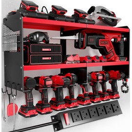 Spampur Power Tool Organizer Wall Mount with Charging Station, 15 Min Assembly & Maximum 420lbs Load by Heavy Duty Metal, 8 Slots for Cordless Drill, Tool Battery Holder with 6 Outlet Power Strip