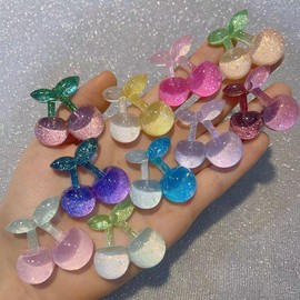 KARLOR 10 Pcs Cherry Decorations, Resin Cherres with leaf Craft Supplies Glow in Dark Resin Fruit Flatbacks Ornaments for DIY Hair Clips, Fridge Magnets, Colorful Shiny(Cherry)