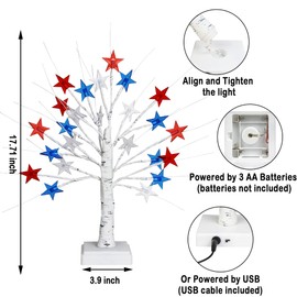[Timer] 2 Pack 18 Inch 4th of July Patriotic Decorations Tree Light with 24 LED Red White Blue Star Lights, USB/Battery Operated Fourth of July Independence Day Lighted Tree for Home Table Party Decor