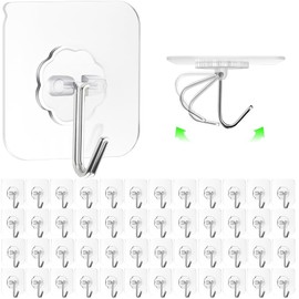 ZESLMG Adhesive Hooks Wall Hooks for Hanging, 48 Pack Heavy Duty Self Sticky Hooks 22lb(Max) Stainless, Waterproof Oilproof Utility Hooks for Coat Keys Bathroom Shower Kitchen Wardrobe Outdoor, Clear