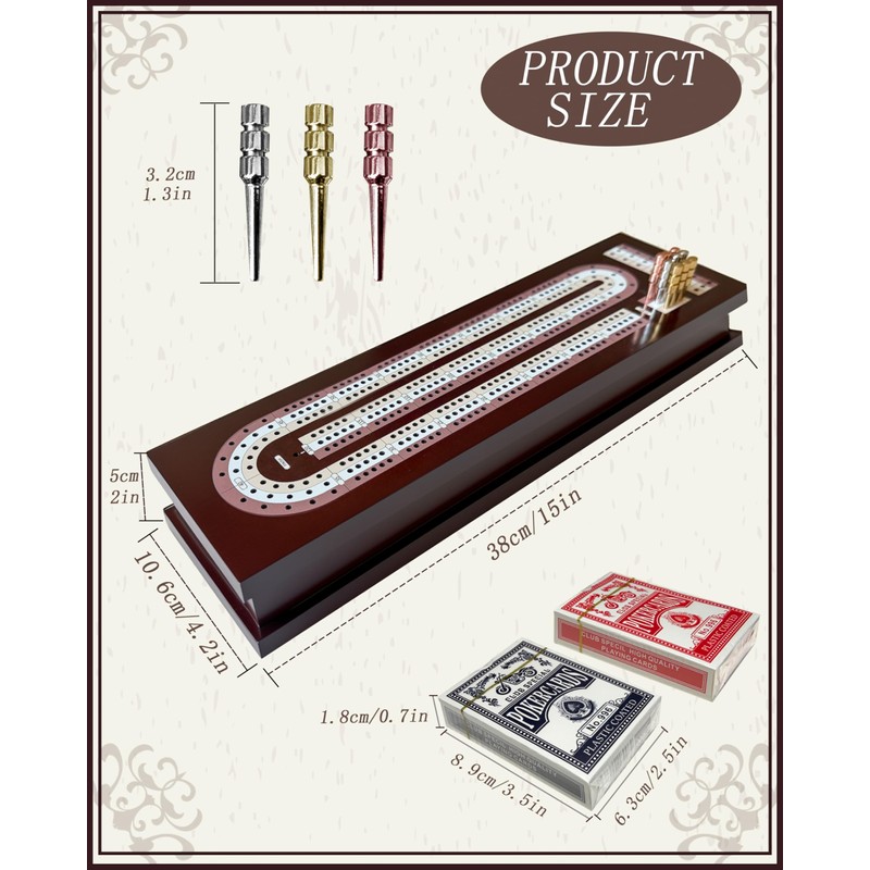 Wooden Cribbage Board Game Set with Cards & Metal Pegs