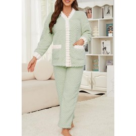 LYCY Women's Plush Fleece Pajama Set,Soft Cozy Pajama for Women Warm Sleepwear Lounge PJS（Light Green+White，M）