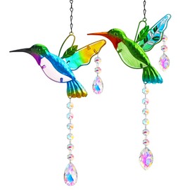 Hummingbird Suncatchers with Crystals, Stained Glass Window Decoration, Rainbow Maker, Crystal Prism, Suncatcher, for Indoor Outdoor Home, Garden, Party Decoration, Pack of 2