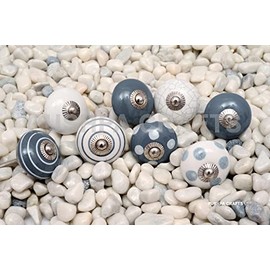 PUSHPACRAFTS 8 x Grey & White Knobs for Cupboard Drawer Ceramic Hand Painted Grey White