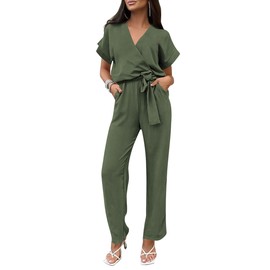 PRETTYGARDEN Women's Pants Rompers Summer Short Sleeve V Neck Palazzo Jumpsuits With Belt (Light Army Green,Large)