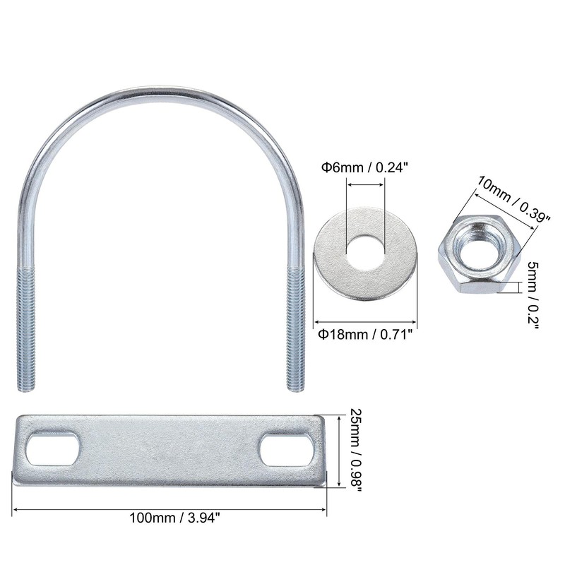 sourcing map Set of 2 round U-bolts steel M6 with