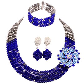 aczuv 5 Rows Royal Blue Yellow Women's Fashion African Beads Nigerian Necklace Bridal Wedding Jewelry Sets (Silver Royal Blue)