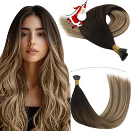 YoungSee I Tip Hair Extensions Balayage Human Hair I Tip Extensions Brown Balayage with Blonde I Tips Human Hair Extensions 16Inch Ombre Human Hair Extensions I Tip Cold Fusion Hair Extensions 80s/50g