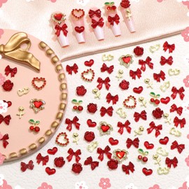 RODAKY 85PCS Red Heart Nail Charms Gold Cherry Bows Charm for Nails 3D Flowers Nail Art Jewels Valentine's Day Metal Heart Charms for Acrylic Nails Luxury Nail Rhinestone for Women Manicure