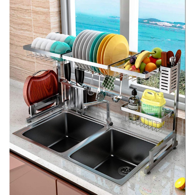Stainless Steel Dish Drying Rack Over Kitchen Sink, Dishes and
