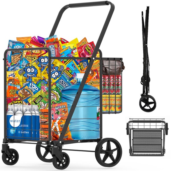 Folding Shopping Cart for Groceries, Jumbo Double Basket Shopping Cart