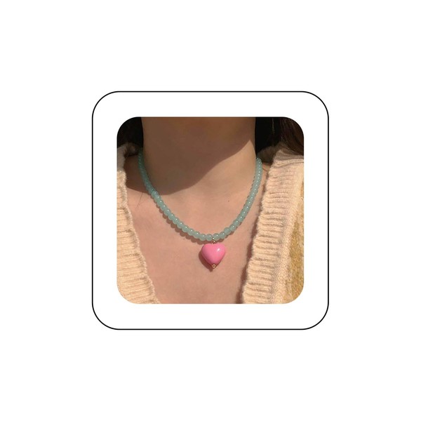 Cybche Vintage Puffed Herz Anhänger Halskette Glasperlen Choker Halskette Rosa