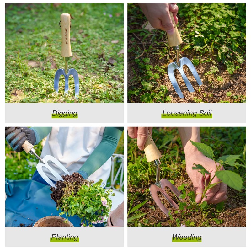 Berry&Bird Gardening Hand Fork, Stainless Steel Hand Weed Fork, Traditional