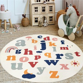 ABREEZE Large Round Kids Play Mat 5.3ft,Fluffy Faux Wool Kids Rug Non-Slip Childrens Carpet ABC Number Educational Learning & Game for Living Room Bedroom Playroom Nursery