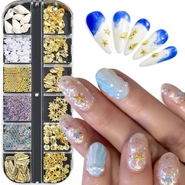 ROFIBUT Summer Nail Charms Pearls Seashell Starfish Gold Nail Rhinestones Bubble Beads Nail Gems 3D Summer Metal Mermaid Nail Art Charms Ocean Theme Designs Nail Supplies for Women Manicure 12 Grids