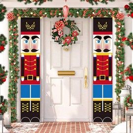 2PCS Nutcracker Christmas Decorations Outdoor Knight Banner Xmas Decor Soldier Model Nutcracker Christmas Banners for Porch Front Door Home Garden Indoor Kids Party Yard Gate (30×180cm 12×71 inch)